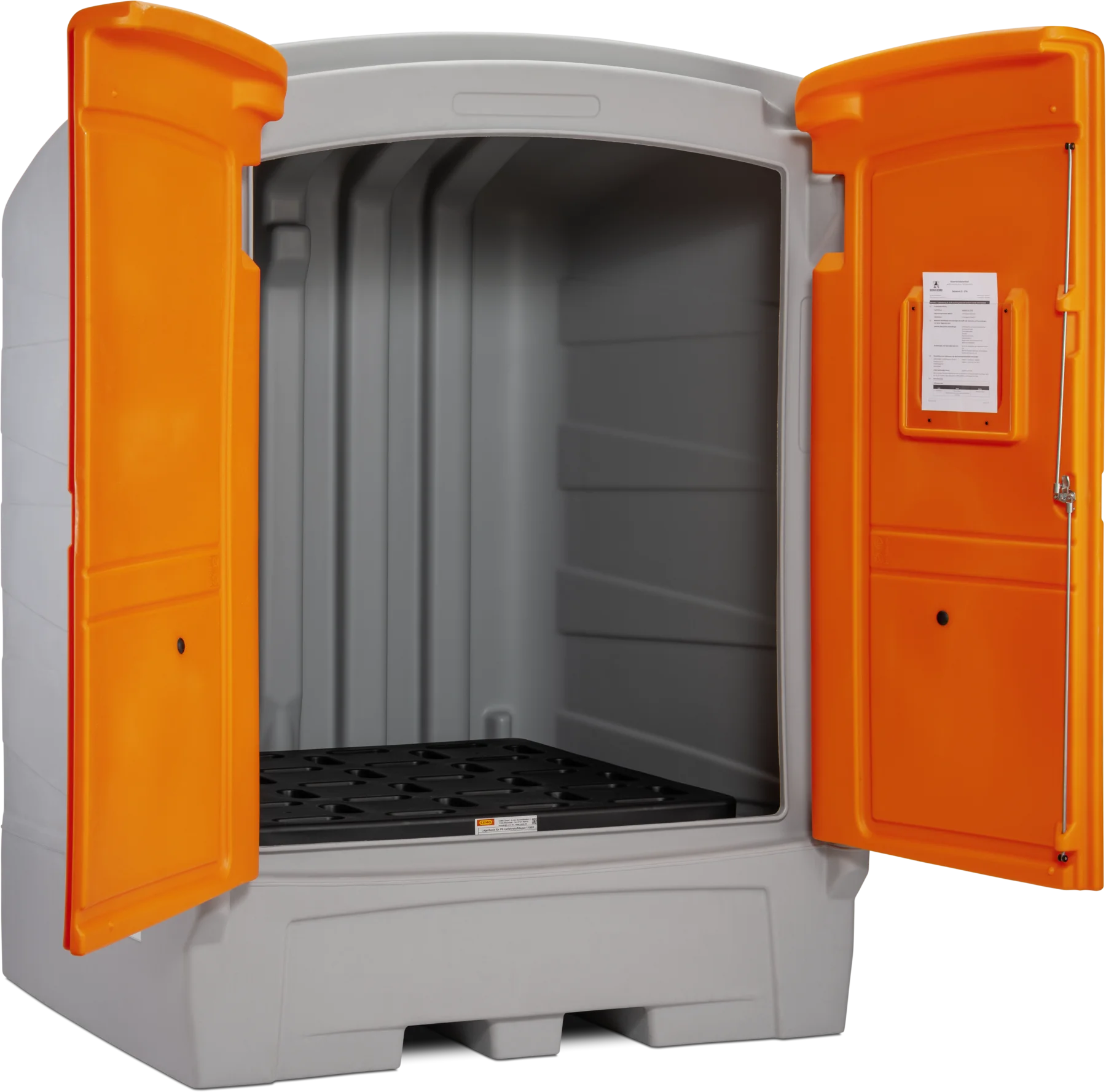 CEMO PE hazardous material depot, 1100/1, grey, double hinged doors, orange doors